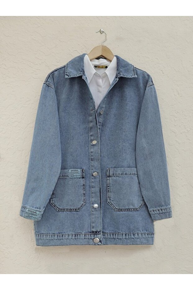 Buttoned Denim Jacket with Pocket - Blue - 2