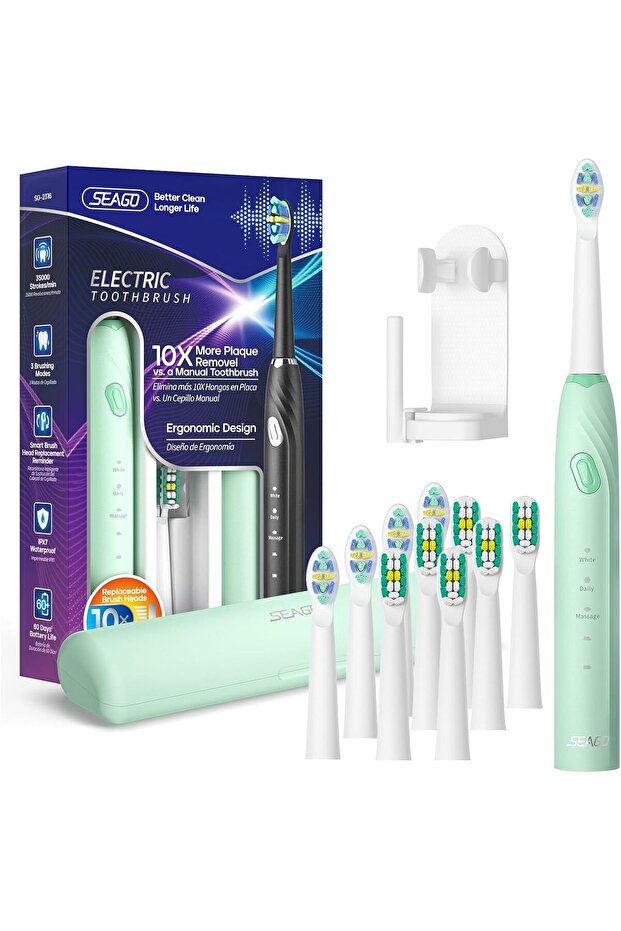 Electric Toothbrush with 10 Brush Heads, Travel Case and Holder, Smart Timer for Adults, SG-23