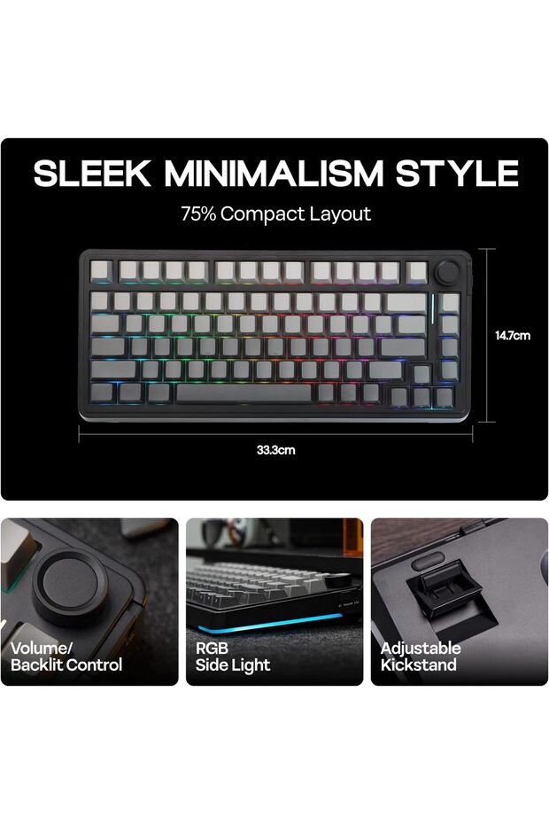 EA75 75% RGB Gaming Mechanical Keyboard, 2.4GHz/Type-C/BT Creamy Wireless Keyboard with Kno - 7