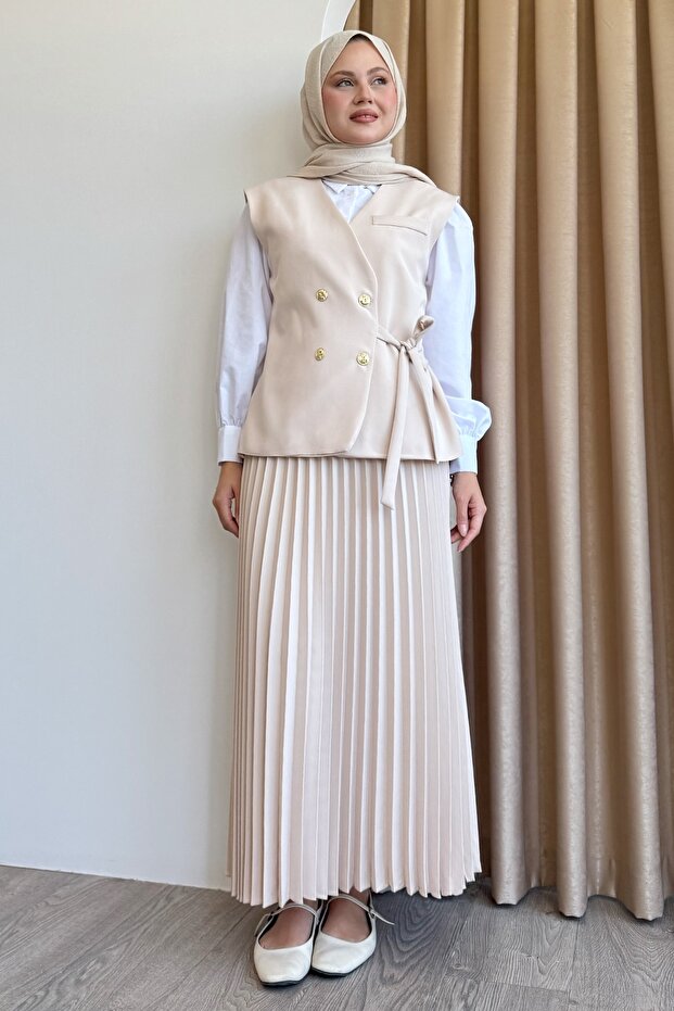 Beige Suit with Vest and Tie and Pleated Skirt