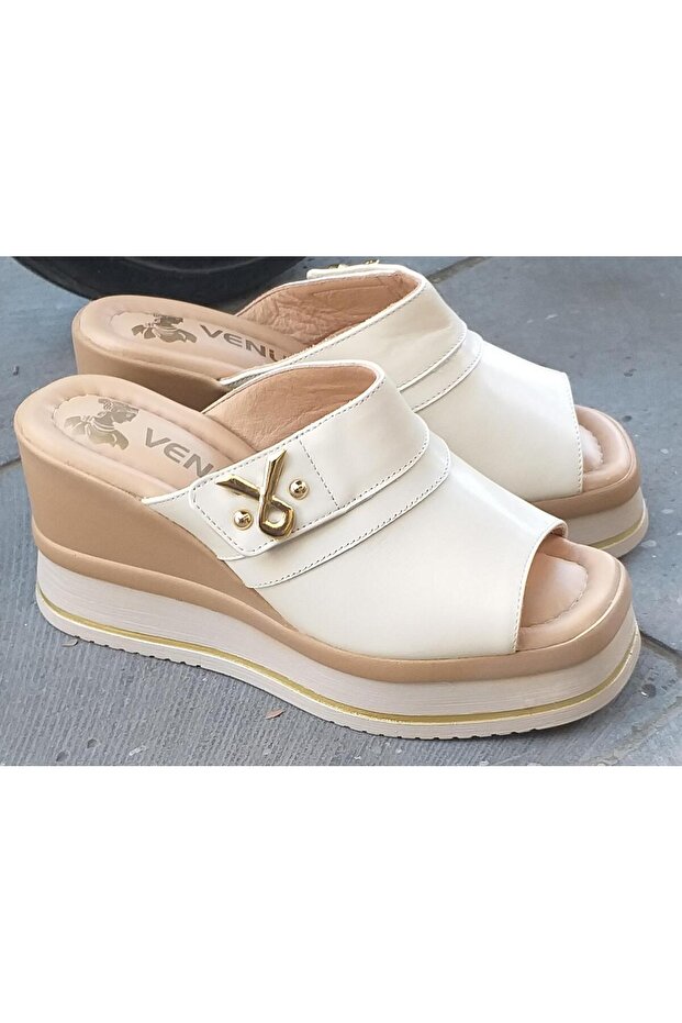 2510904Y Women's Genuine Leather Wedge Sole Slippers