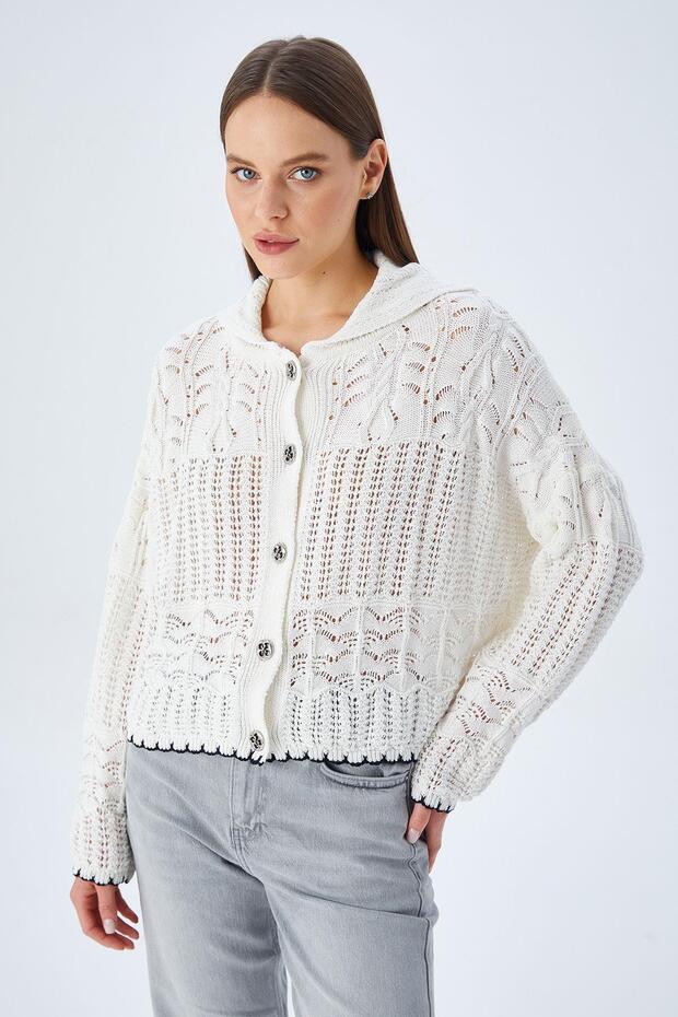 6861 Women's Openwork Hem Colored Knitwear Cardigan Stone
