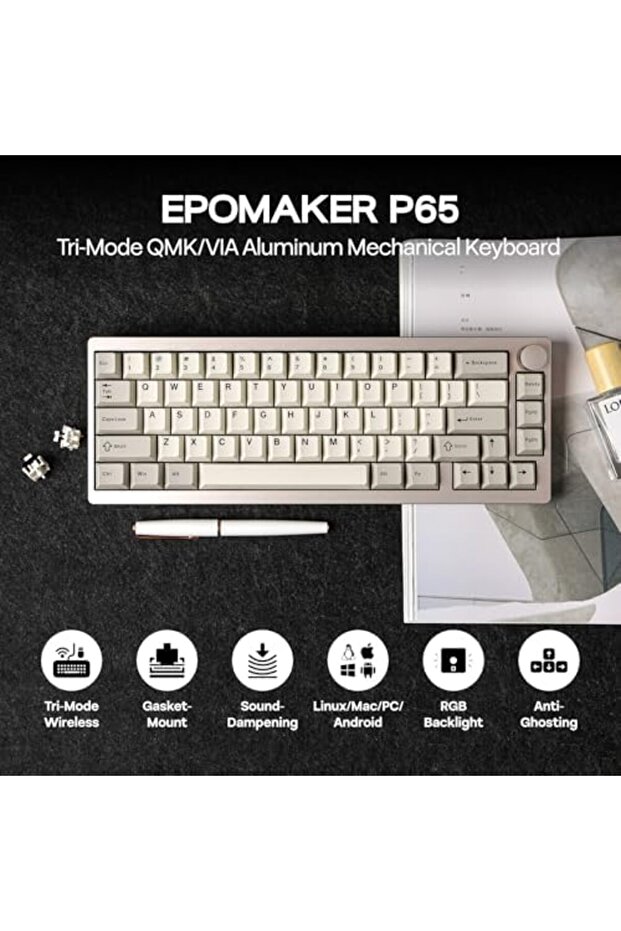 P65 QMK/VIA Wireless Aluminum Gaming Keyboard, Gasket-Mount, Bluetooth/2.4GHz/USB(A to C), - 4