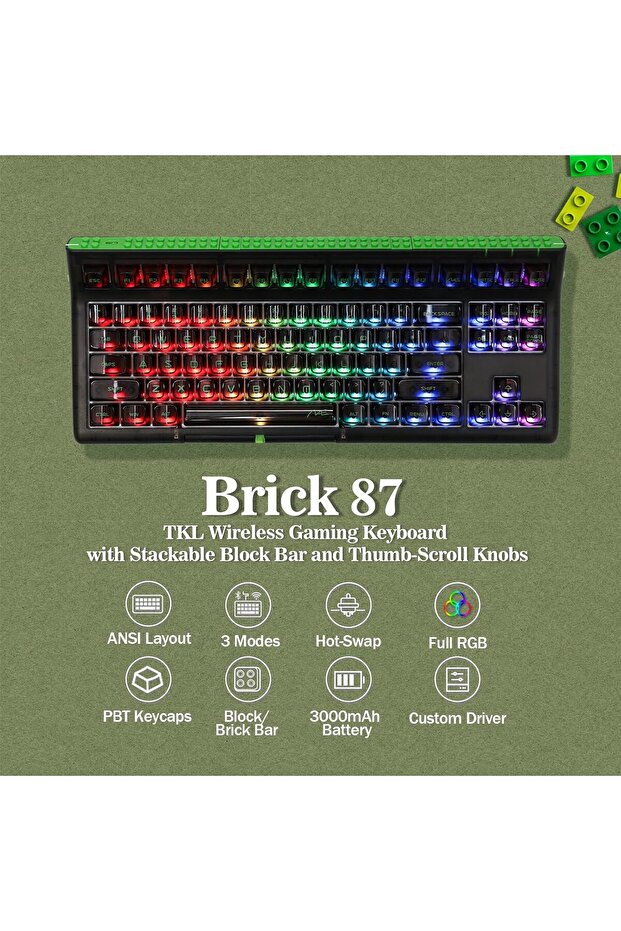 لوحة مفاتيح ميكانيكية Brick 87 ثلاثية الوضع TKL مع شريط كتلة قابل للتكديس ومقابض تمرير الإبهام، لون ساخن - 3