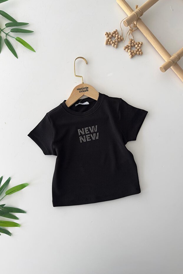 Miniğimin Cicileri New Stone Embroidered Girl's Stretchy Crop - Black