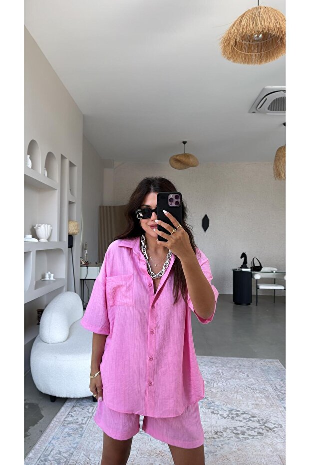 Pembe Çilek Kumaş Şort Gömlek Takım - 4