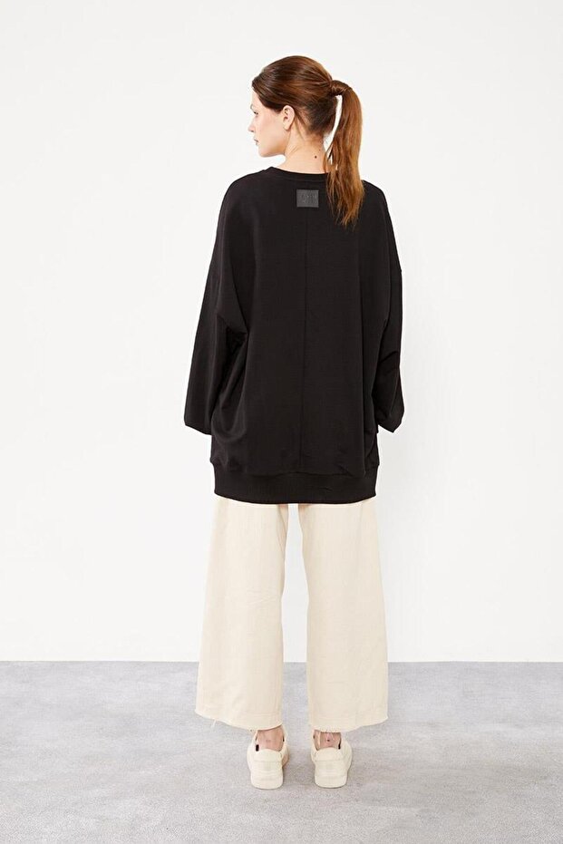 Bisiklet Yaka Oversize Basic Sweat - Siyah - 5