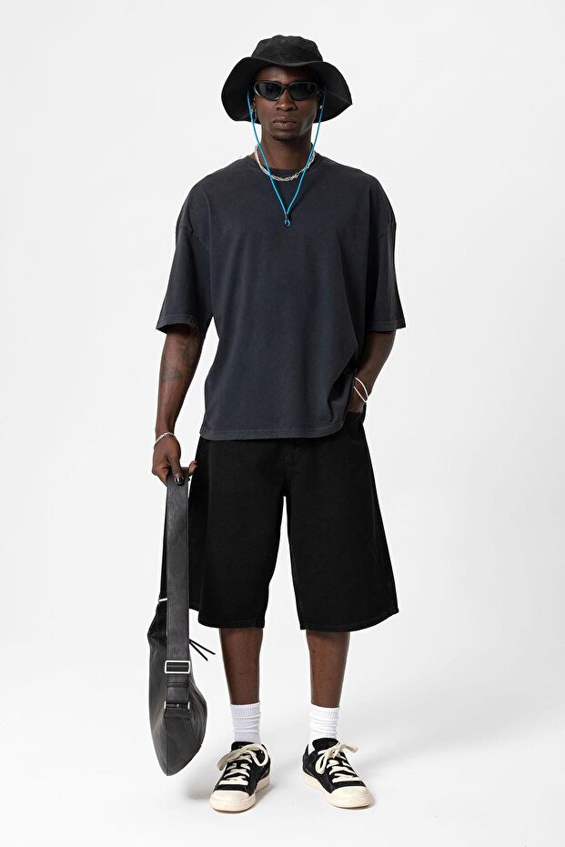 Yıkamalı Oversize Basic Tişört Siyah - 1