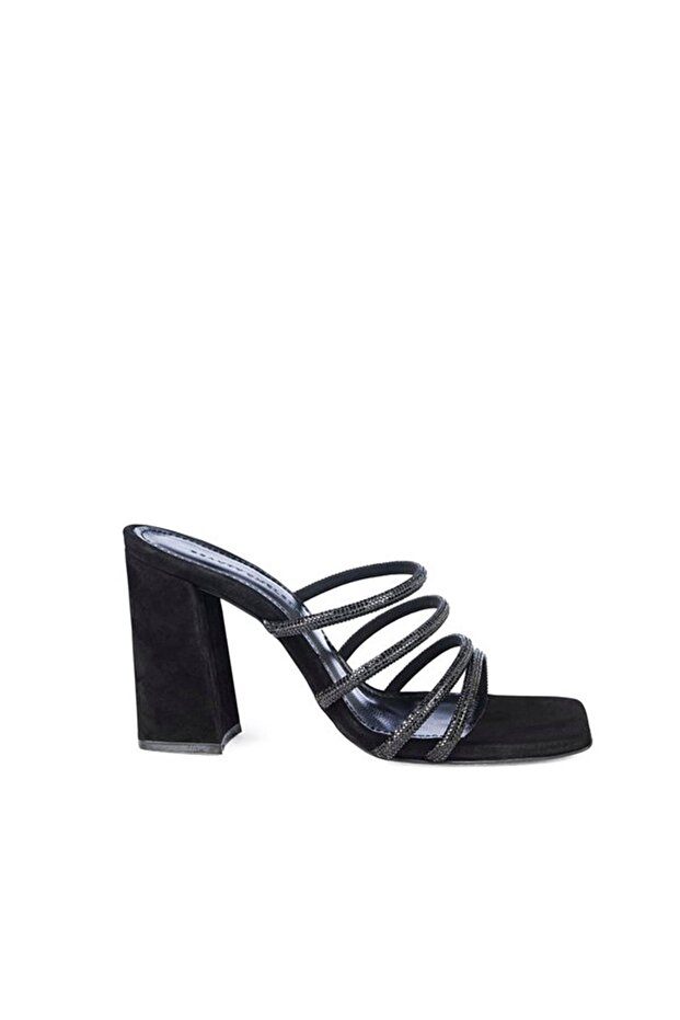 Black Stone Multi-Strap Heeled Suede Slippers