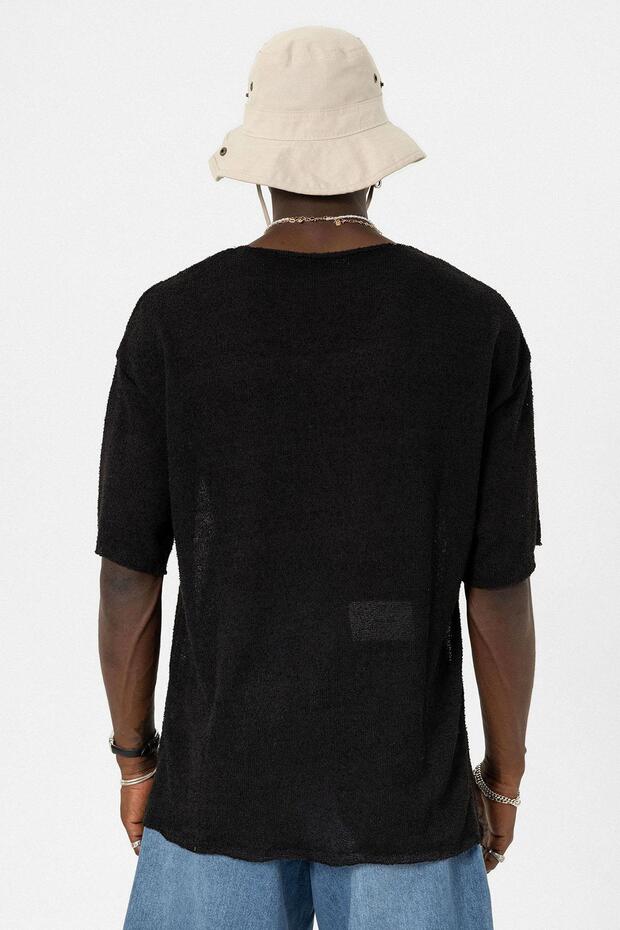 Basic Oversize Örme Triko Tişört Siyah - 6