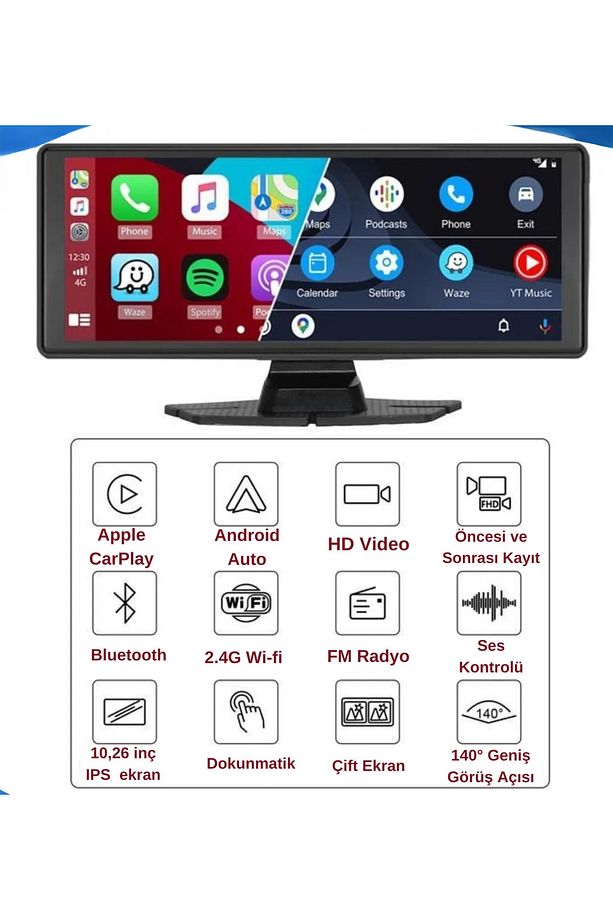 Carplay Apple Android Uyumlu 10.2 İnç Büyük Ekran Tak Çalıştır 4K Ön/Arka Çift Kameralı Araç Ekranı - 7