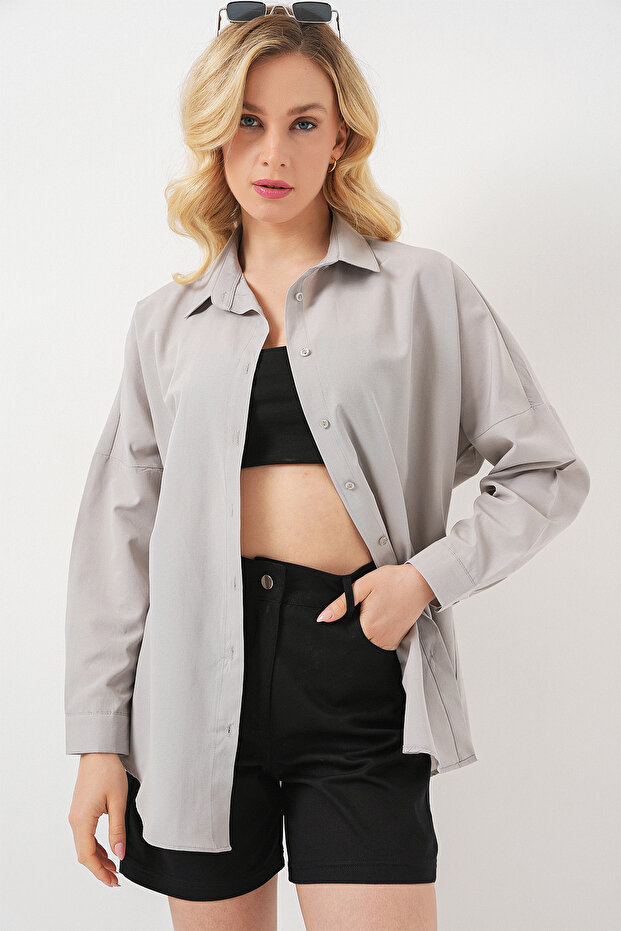 3900 Oversize Uzun Basic Gömlek - A.Gri - 4