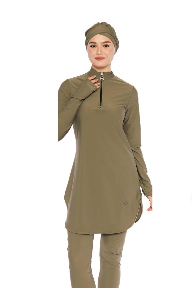Khaki Full Covered Hijab Swimsuit – Half Zipper