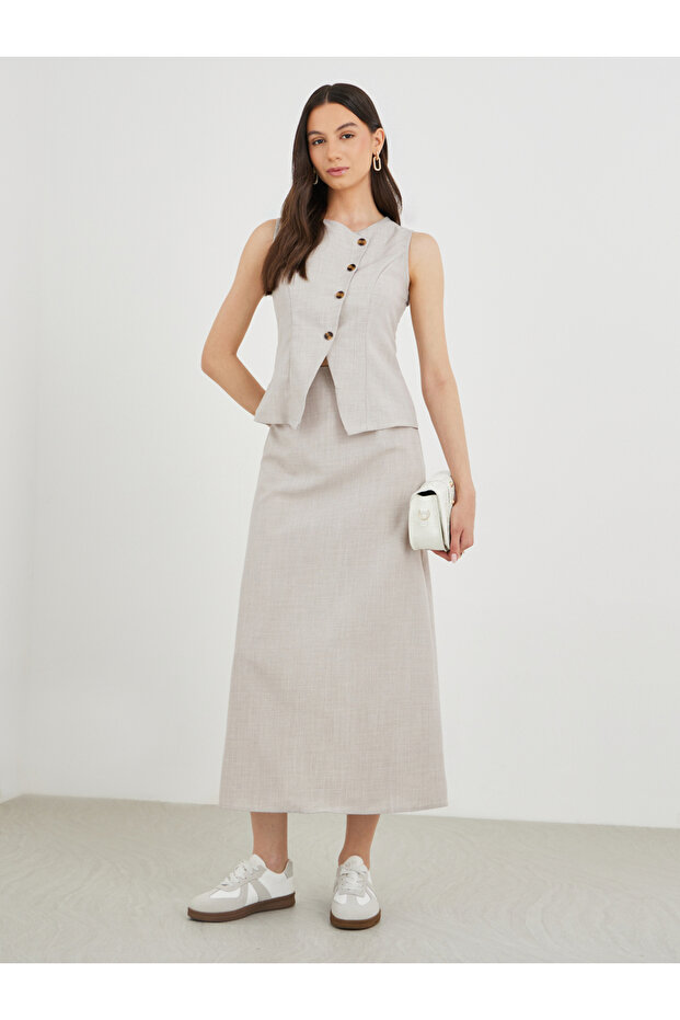 Solid Front Button Top and Midi Skirts Co-Ords - 1