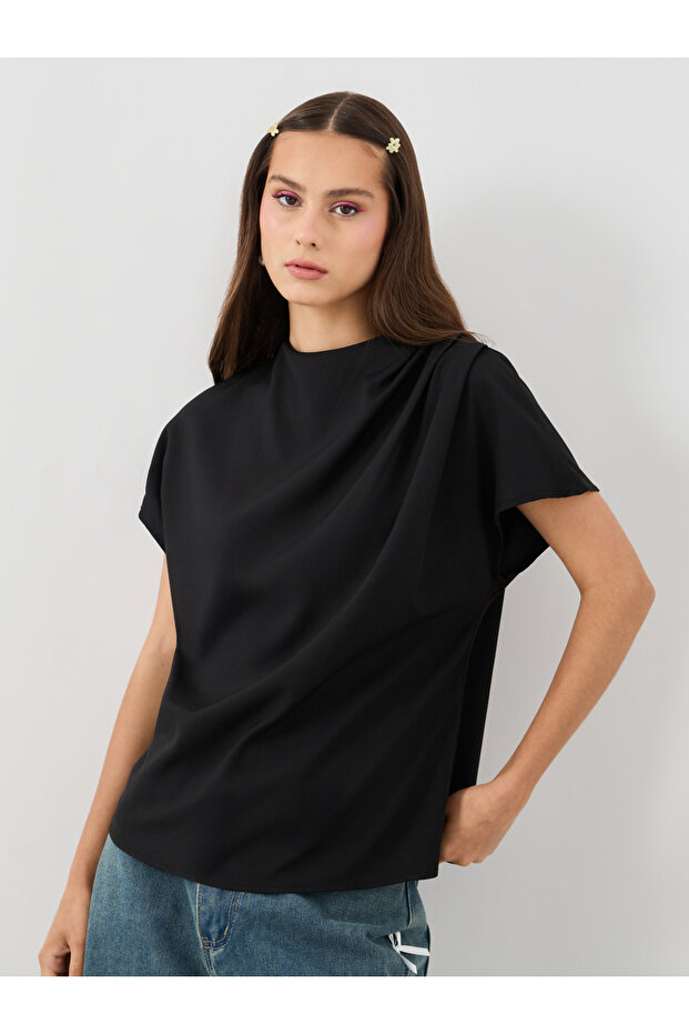 Solid Cowl Neck Short Sleeve Top - 1