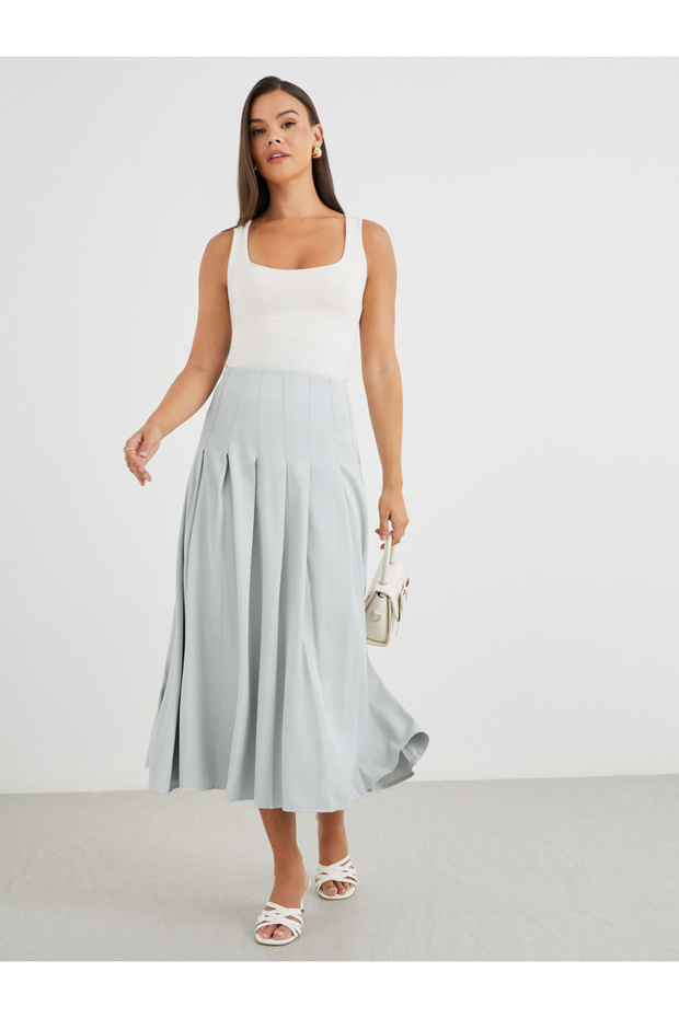 تنورة ميدي سادة مطوية متوسطة الارتفاع - 1