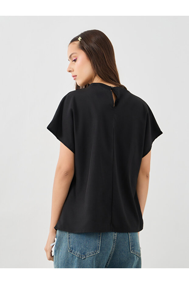 Solid Cowl Neck Short Sleeve Top - 4