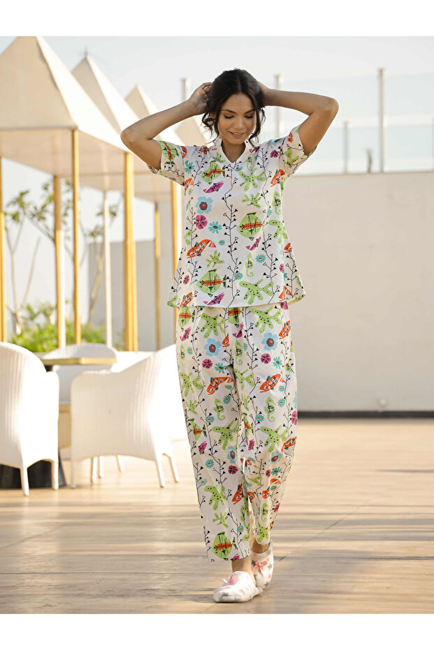 Printed Pure Cotton Short Sleeve Top and Pyjama Set