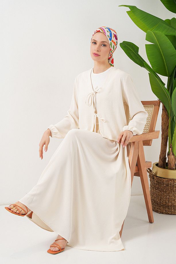 Kadın Ayrobin Kimono Etek İkili Takım 8047 - Ekru - 3