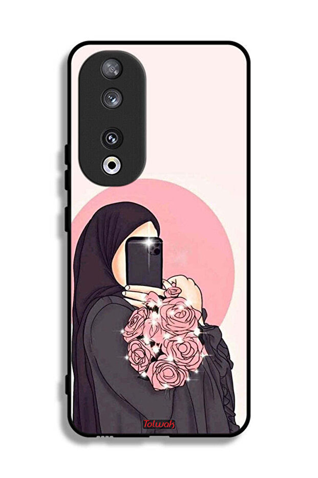 غطاء حماية لهاتف Honor 90 مع فن التقاط صور سيلفي أثناء حمل الزهور