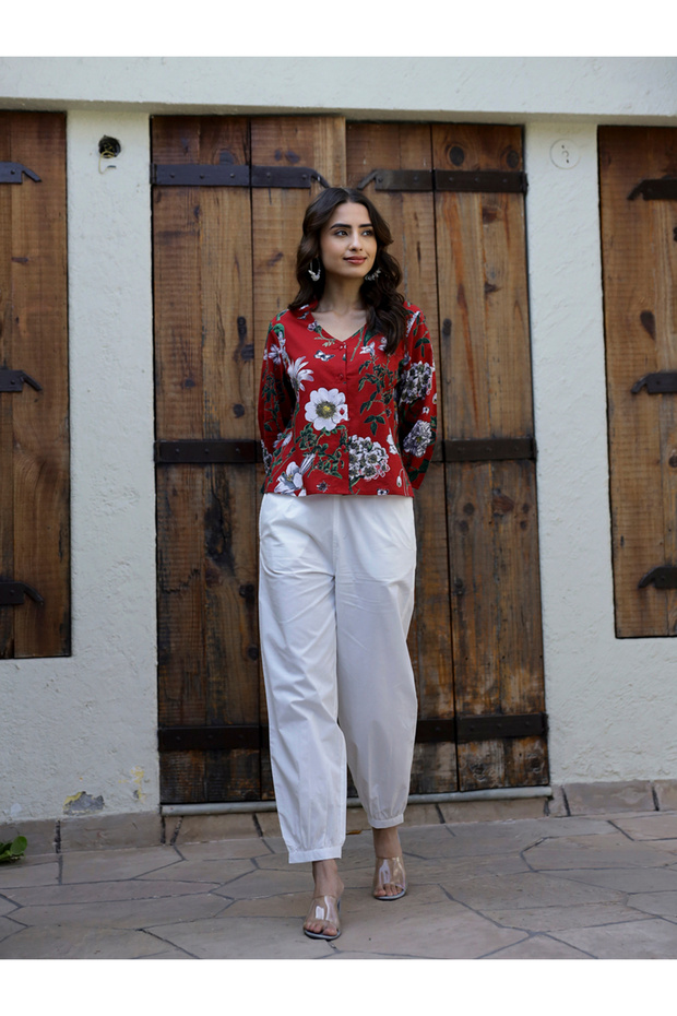 Floral Printed Buttoned Top and Pyjama Set