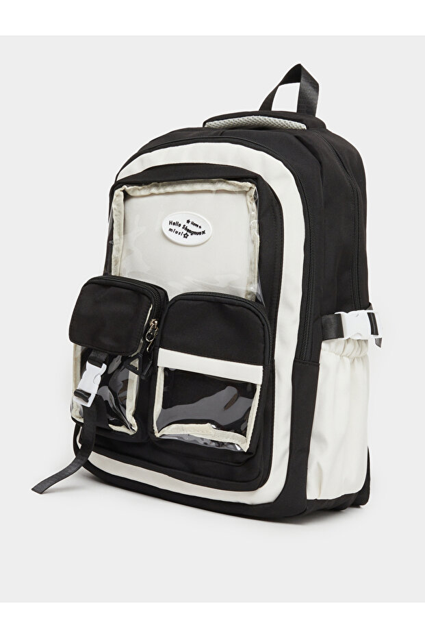 حقيبة ظهر ملونة مع جيوب خارجية شفافة - 1