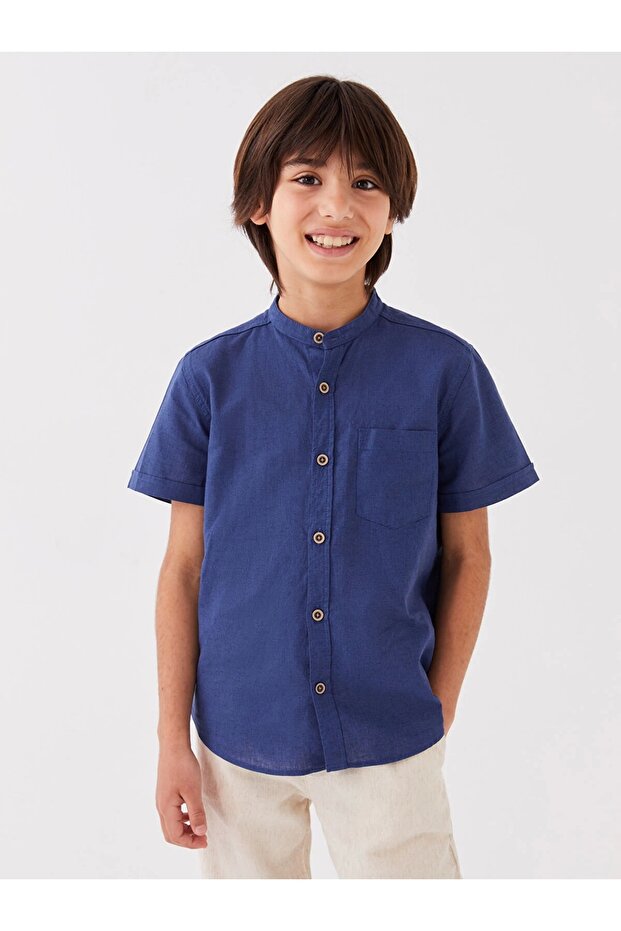 Lcw Kids Navy Blue Judge Collar Linen Blended Boy's Shirt