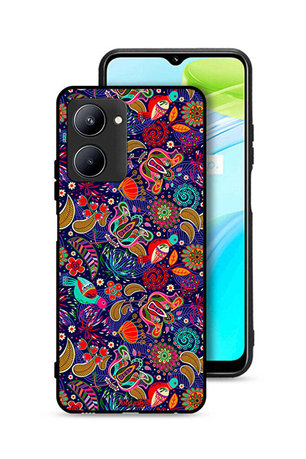 غطاء حماية لهاتف Realme C33 بنقشة أوراق طيور وزهور ملونة