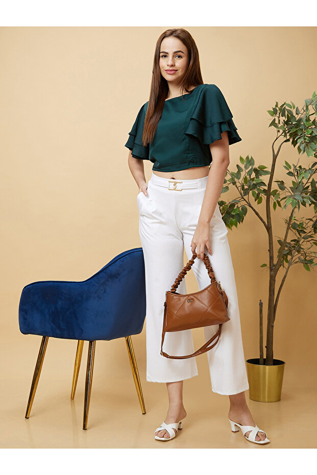 Solid Layered Flared Sleeve Cropped Top - 6