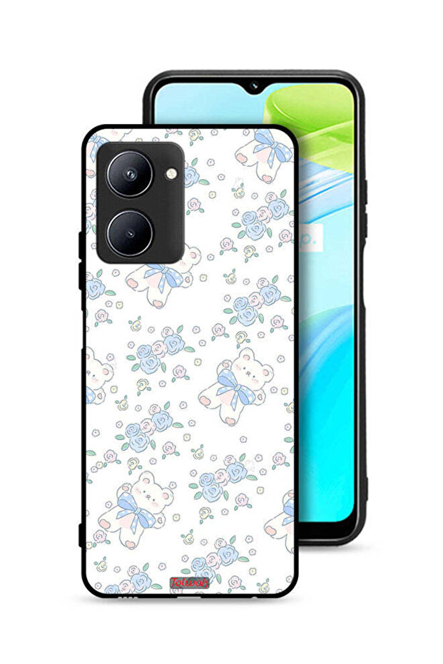 غطاء حماية لهاتف Realme C33 عليه صورة دب تيدي لطيف وزهور