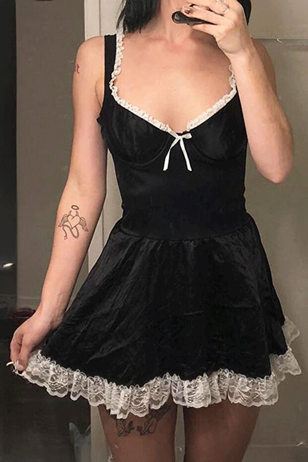 Black Lace Ribbon Square Neck Lolita Mini Dress