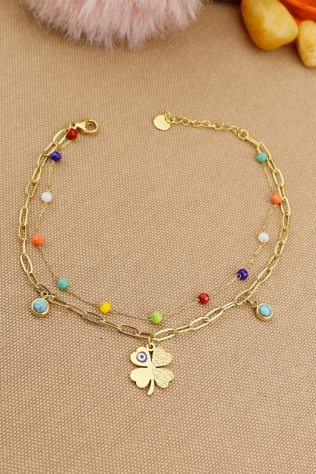 316L Steel Anklet - 2-Piece Combination Colorful Beaded Clover 316L Steel Anklet 20+4cm Tarnish-Free