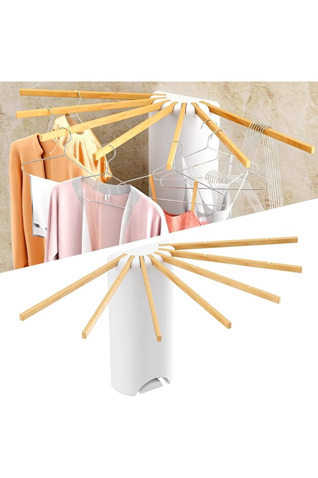 Laundry Rack,Foldable Wall Mount,Collapsible Octopus Shape,Space Saving,Solid Wooden,with 7 Hanging Rods,for Indoor Use