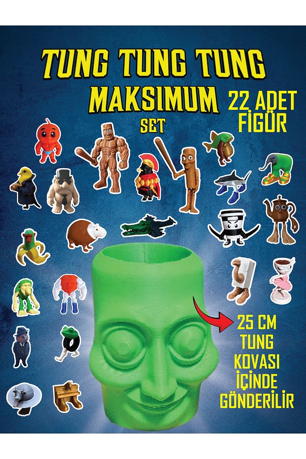 Tung Tung Tung Sahur Maksimum Set - 22 Adet Figür - 1 Adet Tung Kovası - Brainrot Figürleri - 1