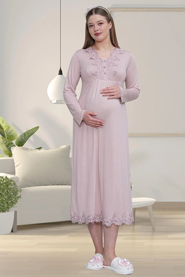 Maternity Nightgown with Guipure Detail 75% Cotton, 25% Viscose