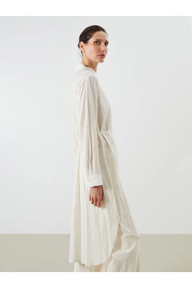 LCWAIKIKI Classic Ekru Keten Karışımlı Oversize Kadın Gömlek Tunik - 3