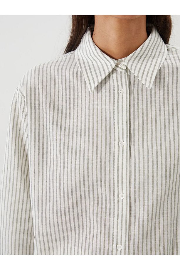 LCW Modest Sari Çizgili Keten Karışımlı Kadın Gömlek Tunik - 3