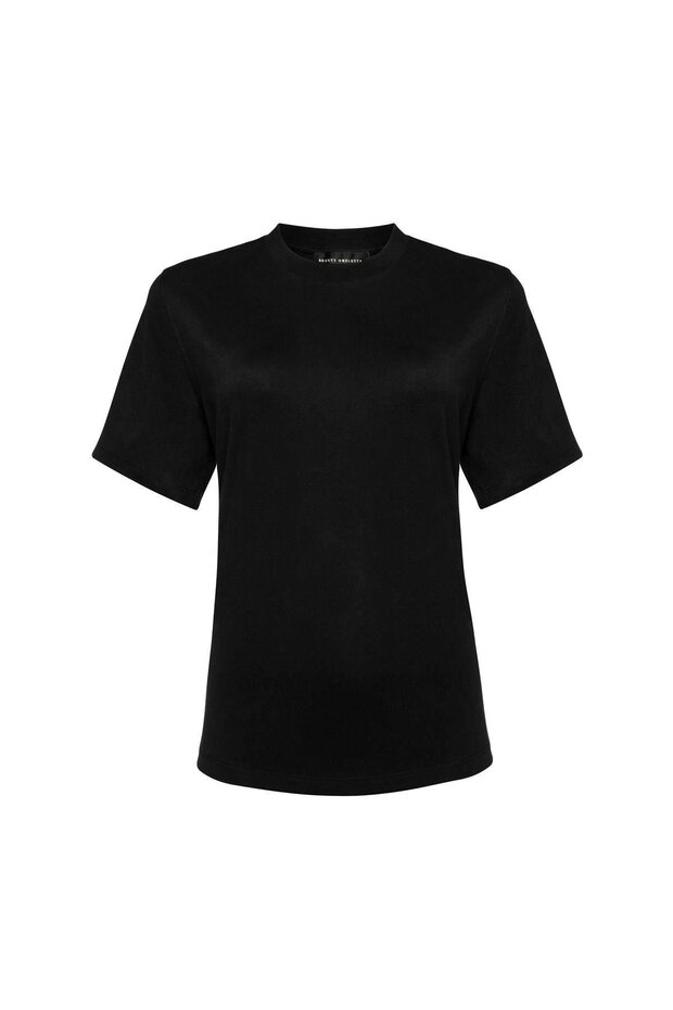 Siyah Bisiklet Yaka Kısa Kol Basic Tshirt - 1