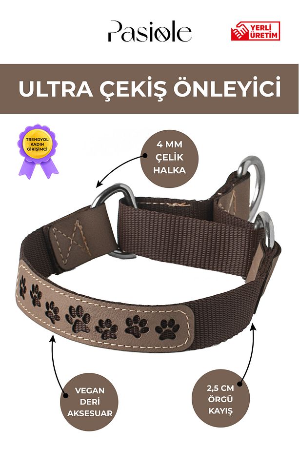 Çekiş Önleyici Tasma Boğma | Pati İzi Detaylı Deri Ön Yüz | Köpek Boyun Tasması - 1