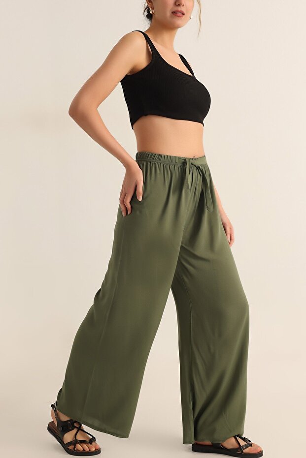 Woven Viscose Elastic Palazzo Pocket Pants Khaki