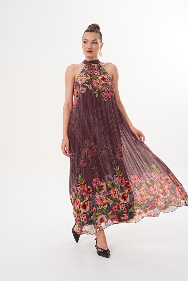 Halter Yaka Maxi Şifon Piliseli Kahverengi Elbise MCK5064 - 2