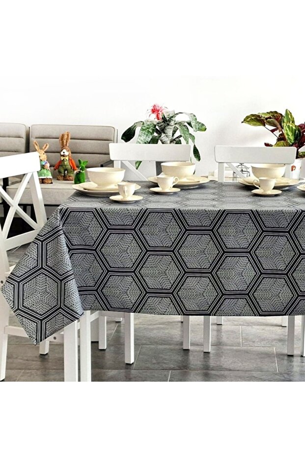Teflon-coated cotton tablecloth, round, diameter 180cm, hexagonal pattern - 2