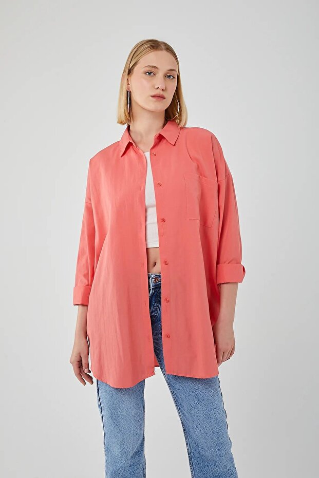4053 Kadın Tek Cepli Oversize Basic Gömlek Nar - 1