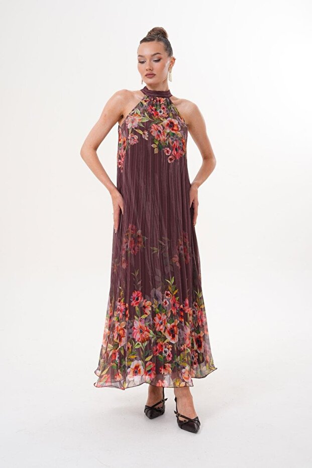 Halter Yaka Maxi Şifon Piliseli Kahverengi Elbise MCK5064 - 8