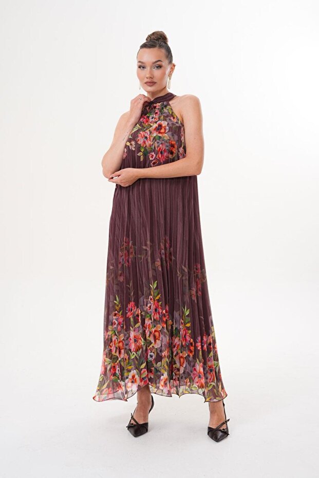 Halter Yaka Maxi Şifon Piliseli Kahverengi Elbise MCK5064 - 5