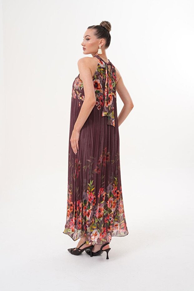 Halter Yaka Maxi Şifon Piliseli Kahverengi Elbise MCK5064 - 6