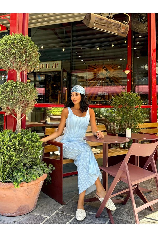Kadın Bebe Mavisi Askılı Jakarlı Kolsuz Maxi Boy Astarlı Elbise - 2