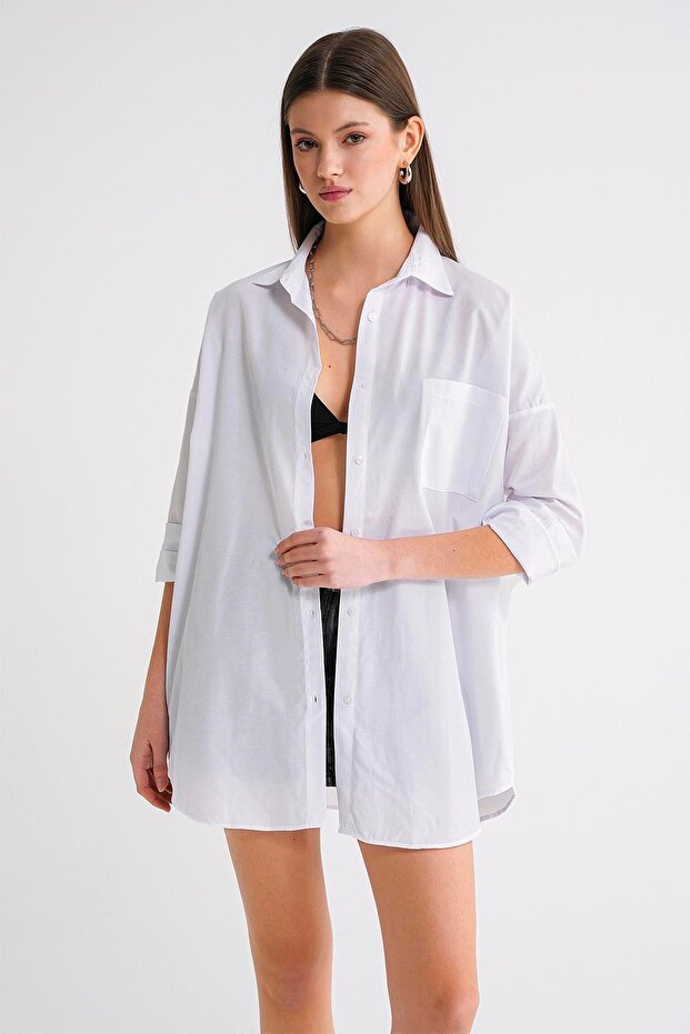4053 Kadın Tek Cepli Oversize Basic Gömlek Beyaz - 5