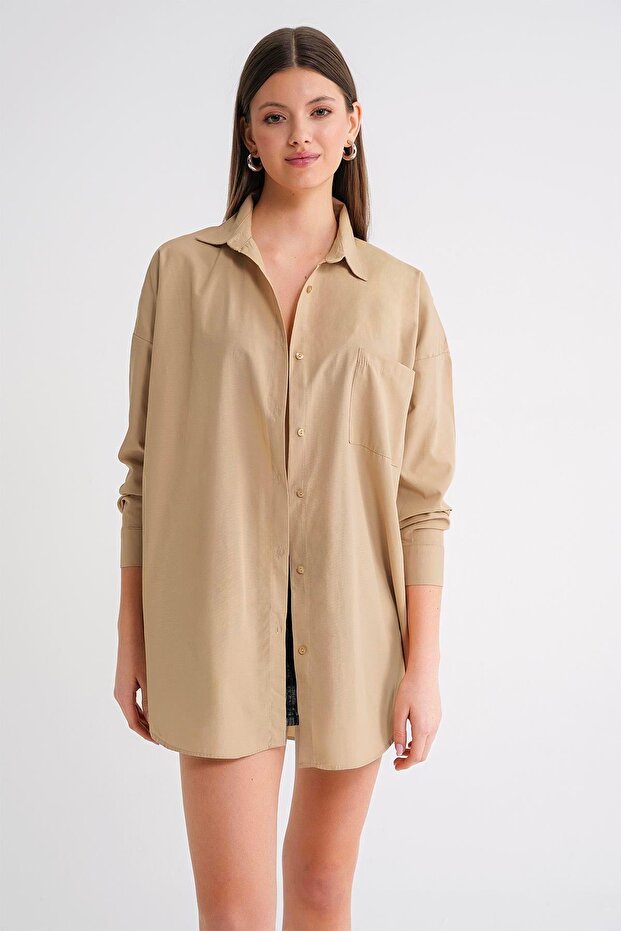 4053 Kadın Tek Cepli Oversize Basic Gömlek Bisküvi - 4