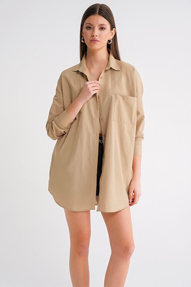 4053 Kadın Tek Cepli Oversize Basic Gömlek Bisküvi - 3